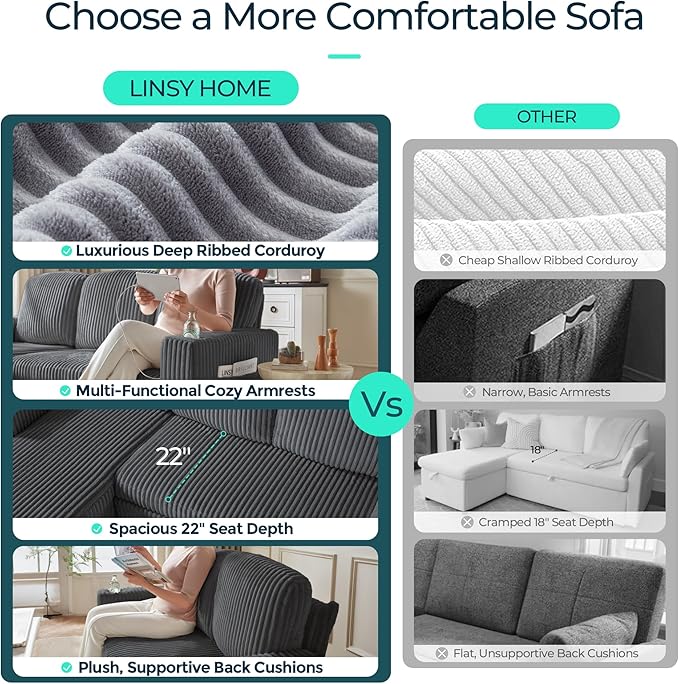 LINSY HOME Sectional Sleeper Sofa Pull Out Couches for Living Room (Grey Sleeper Sofa 5) | Pull Out Sofa Bed Storage USB Charging Cup Holders Plush Corduroy