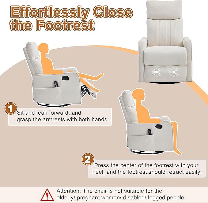Manual Swivel Rocker Recliner Chair for Adults Overstuffed Glider Chair for Nursery with Massage and Heat Living Room Reclining Chair Fabric Beige