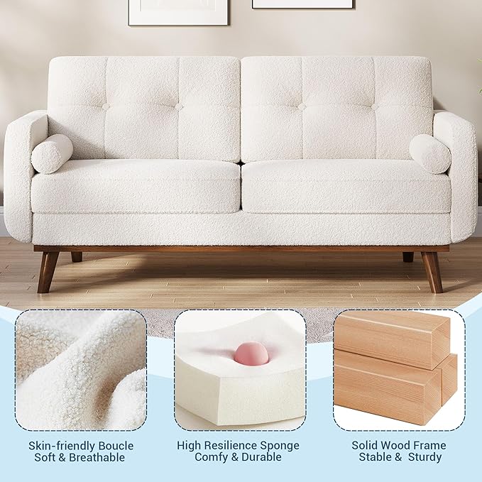 65 Mid Century Modern Couch Sofa Loveseat Comfy Love Seat Couches for Living Room 2 Seater Teddy Fleece Boucle Upholstered Deep Seat Couch for Bedroom Office Small Space Beige Cream