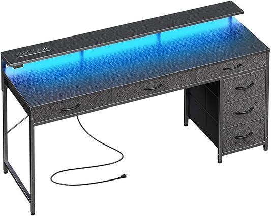 Huuger Gaming Desk with 6 Drawers Computer Desk with LED Lights Power Outlets and Type-C 55 Inch Office Desk with Storage Monitor Stand Writing Desk Work Desk Home Office Bedroom Study Black