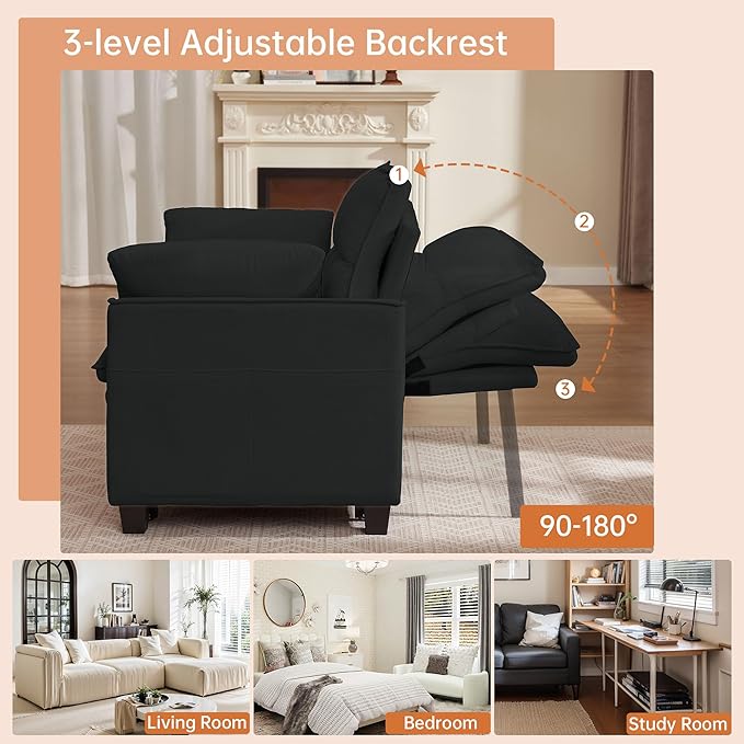 Futon Sofa Bed3 in 1 Convertible Sleeper Sofa with Pull Out BedSmall Loveseat with Adjustable BackrestLinen Futon Couches for Living RoomBlack