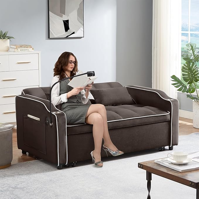Antetek Sleeper Sofa Couch Bed with USB &amp Type C Port Modern 3-in-1 Convertible Velvet Pull Out Loveseat Futon Sofa w/Phone Holder/Cup Holder for Living Room Apartment Adjustable Backrest Coffe