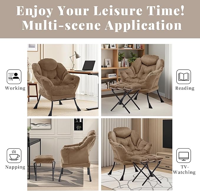 Lazy Chair with Ottoman Comfy Accent Lounge Chair with Side Pocket Modern Reading Armchair with Footrest Upholstered Sofa Chair for Small Spaces Bedroom Living Room Dorm Brown