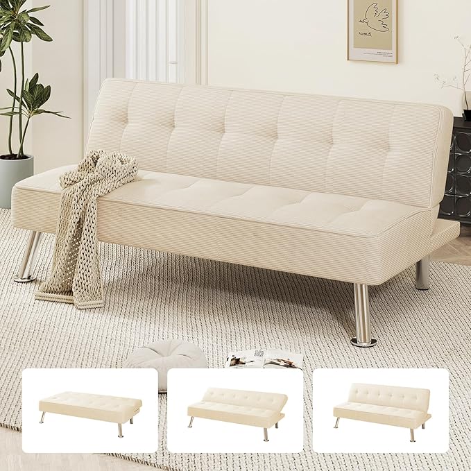 Furnimart Futon Sofa Bed 66 Corduroy Convertible Futon Couch with 3-Position Adjustable Backrest Solid Wood Frame Sleeper Sofa for Small Space Living Room Apartment Office Beige