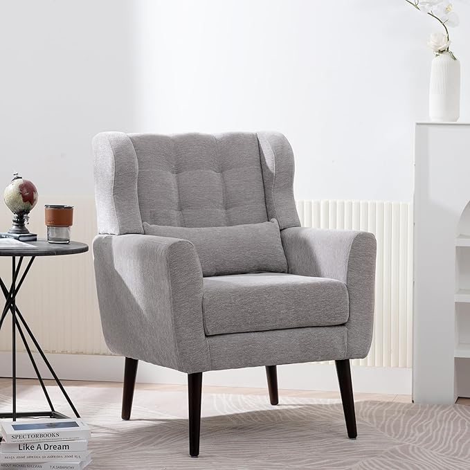 Modern Accent Chair Chenille Fabric Upholstered Tufted Side Chair Wingback ChairMid Century Reading Armchair with Waist Pillow Backrest for Living Room Bedroom (Grey)