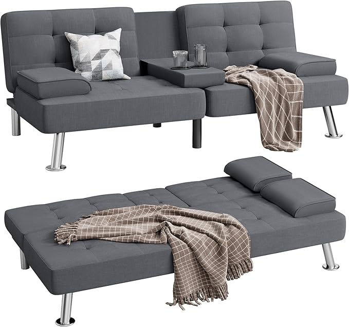 Shahoo Modern Linen Upholstered Convertible Folding Futon Sofa Bed with Removable Armrests Metal Legs 2 Cup Holders for Living Room Dark Grey