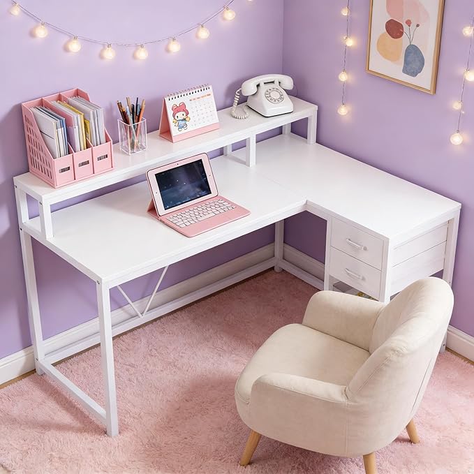 55 L Shaped Office Desk with Drawers &amp Storage Reversible Executive Office Desk with 4 Shelves Large Corner Computer Desk with Elevated Monitor Stand for Home Office Gaming (White)