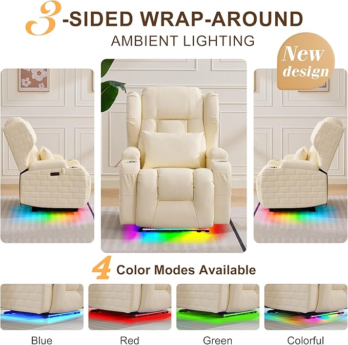 DRMBOOK Power Recliner Chair with 3-Sided Wrap Around LED Electric Wall Hugger Reclining Sofa with Massage &amp Heat Overstuffed Theater Seating with Cup Holders/USB Port (Upgraded Beige 1 Chair)