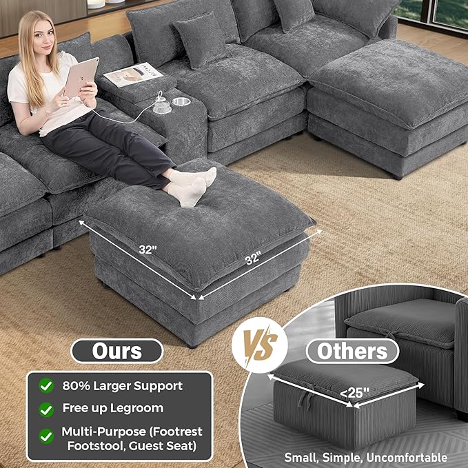 145 Oversized Modular Sectional Sofa U Shaped Cloud Couch Modern 6 Seat Sofa Set for Living Room Comfy Chenille Deep Seat with Storage Central Console Movable Ottomans Cup Holders USB Ports Grey