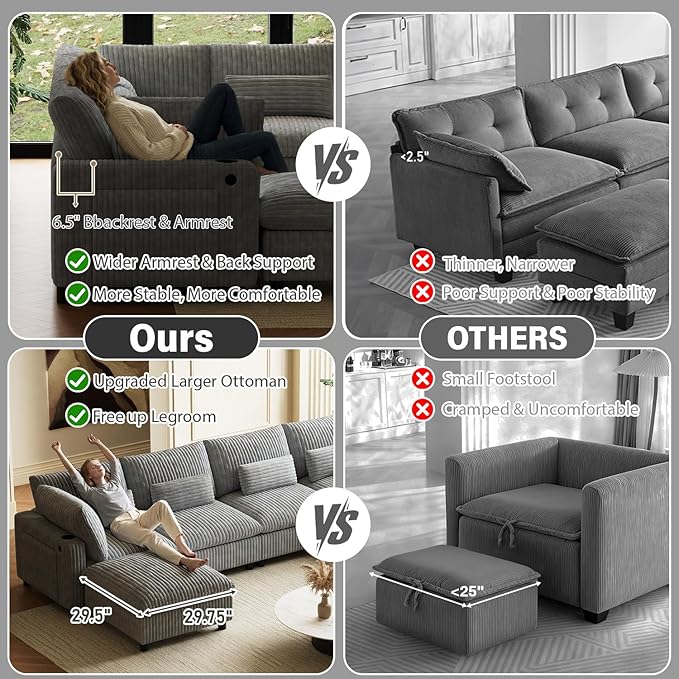 130 Oversized Cloud Couch Large Modular Sectional Sofa Modern U Shaped Sectional Couch 6 Deep Seat Sofa Set for Living Room Comfy Plush Corduroy Cloud Sofa with Ottoman USB Port Cup Holder Gray