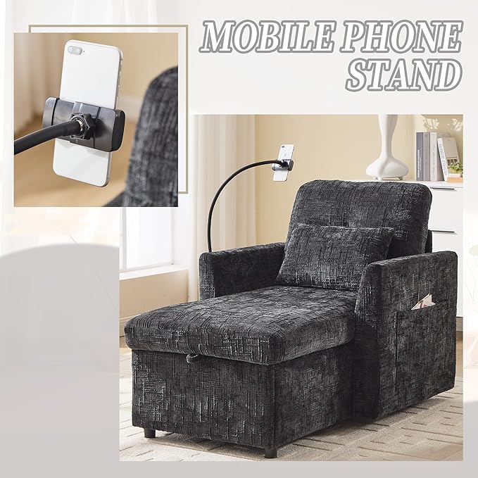 32 Comfy Chaise Lounge Sofa Bed Chair with Storage Side Pockets Phone Holder &amp 2 Pillows Modern Chenille Upholstered Sleeper Sofa Leisure Chair for Living Room Bedroom Small Spaces (Black)