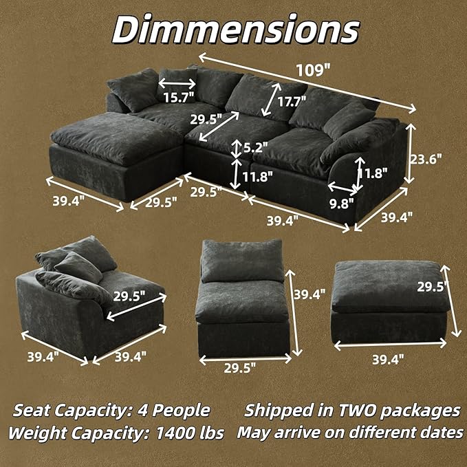 109 Cloud Sectional Couches for Living Room Convertible L-Shape Boneless Couch with Ottoman 3 Seater Compressed Sofa Modular Sectional Sofa (Black)