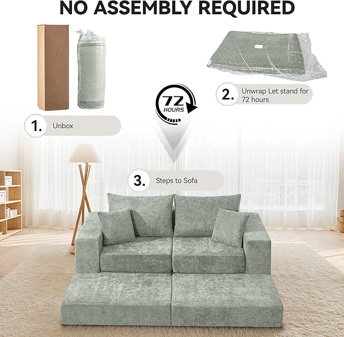 Boneless Sectional Loveseat Couch with Ottoman Convertible Modular Floor Sleeper Sofa Bed Comfy Foldable Compression Love Seat Sofa for Living Room No Assembly Green