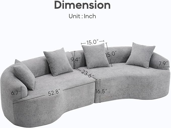 Yoglad 110‘’ Boneless Curved Sofa Modern Cloud 4-Seater Floor Couch Minimalist Compression Sofa for Living Room Apartment Studio Office No Assembly Needed(Chenille Grey)