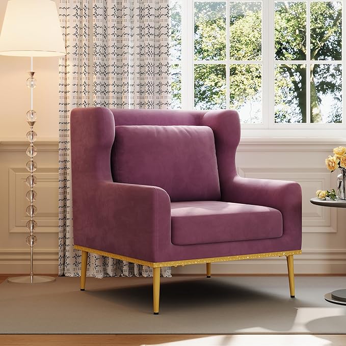 Christopher Knight Home Vincenzo Upholstered Club Chair Velvet Accent Chair Single Lounge Curved Armchair Comfort Seating Armchair Reading Single Sofa Sturdy Iron Legs for Living Room Purple