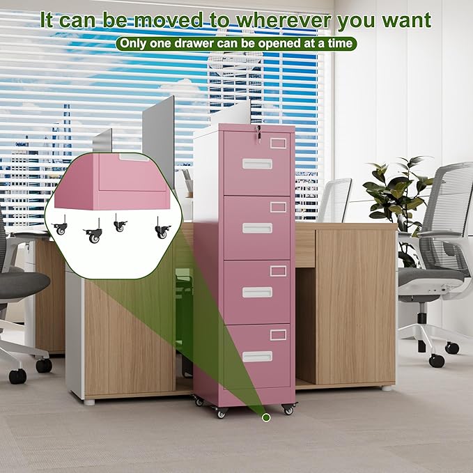 Aobabo 4 Drawer File Cabinet with Wheels Lockable Office Metal Filing Cabinet with Name Card for Office and HomeAssembly RequiredPink
