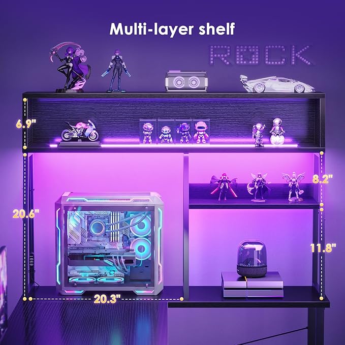 AODK L Shaped Gaming Desk with Led Lights 59 Inch Reversible Gaming Computer Desk with Display Shelves PC Gamer Desk Gamer Table with Storage Bag L Desk for Game Black