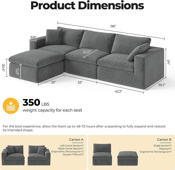 118'' 4 Seater Memory Foam Couch with Ottoman Modular Sectional Sofa for Living Room Boneless Couch Sectional with Memory Foam No Assembly Big Couch Set Dark Grey | Ergonomic Bolster