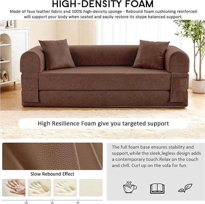78.5 Convertible Sleeper Sofa Bed Faux Leather Folding Floor Sofa with Pullout Bed&amp2 Pillows No Assembly Modern Boneless Couch Compression Sofa in Box with Storage Pocket for Living Room Brown