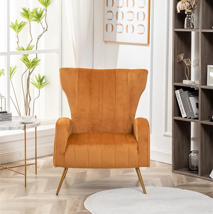 Modern Velvet Accent Chair Channel Tufted Bedroom Office or Living Room Furniture with Elegant Metal Legs 26 Wide Armchair Mustard Yellow