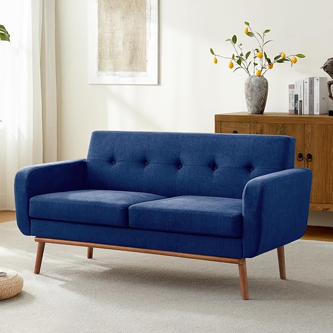 HUIMO Sofa Couch Mid Century Modern Sofa with Solid Wood Frame Button Tufted Couch for Bedroom Living Room Office Apartment (Dark Blue 60 inch)