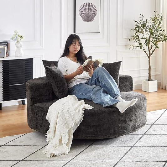 55 inch 360° Swivel Accent Chair Chaise Lounge Chair Indoor Oversized Round Swivel Accent Chair Modern Chenille Single Sofa Chair Deep Seat Chair for Living Room Bedroom Apartment Black