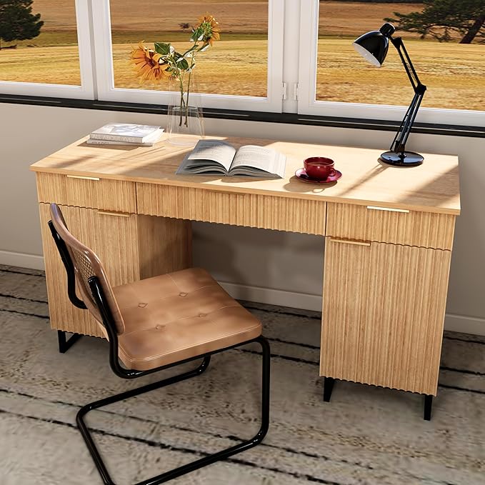 55 Fluted Executive Desk with File DrawerWooden Computer Desk with StorageLight Wood Modern Office Desk for Work and StudyingNatural Oak (1 Natural Oak)