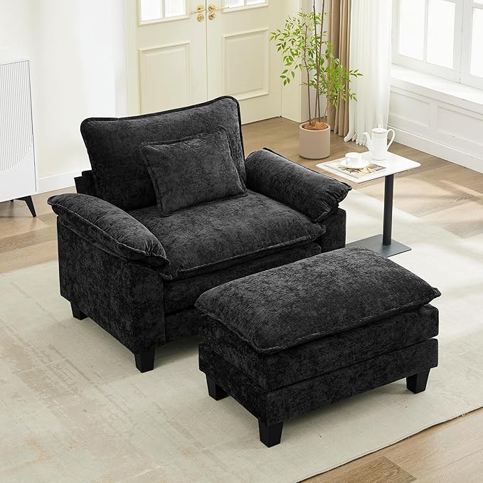 URRED Modular Sectional Sofa Comfy Cloud Couch Modern Chenille Sofa Sleeper Deep Seat Couches with Ottoman/Pillows for Living Room (Black 53''- Ottoman)