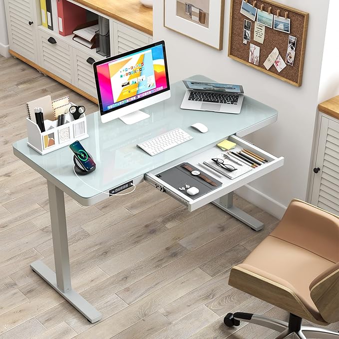 Giantex Glass Standing Desk with Drawer 48 x 24 Height Adjustable Electric Stand Up Desk with Tempered Glass Top 2 Memory Positions &amp USB Type-C Outlets Sit Stand Desk for Home Office White