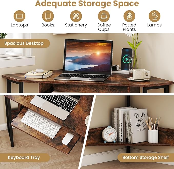 Giantex Small Corner Desk with Charging Station Triangle Computer Desk with Keyboard Tray &amp Storage Shelf Metal Corner Writing Desk for Bedroom Small Space Home Office Black &amp Rustic Brow