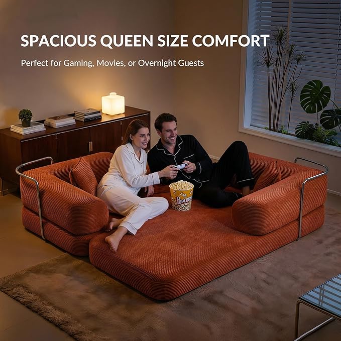 5-in-1 Convertible Sofa Bed Boneless Floor Couch Queen Size with Magic Pillow Blankets Zero-Assembly Sleeper Futon for Apartments Renters &amp Micro-Living Spaces Orange