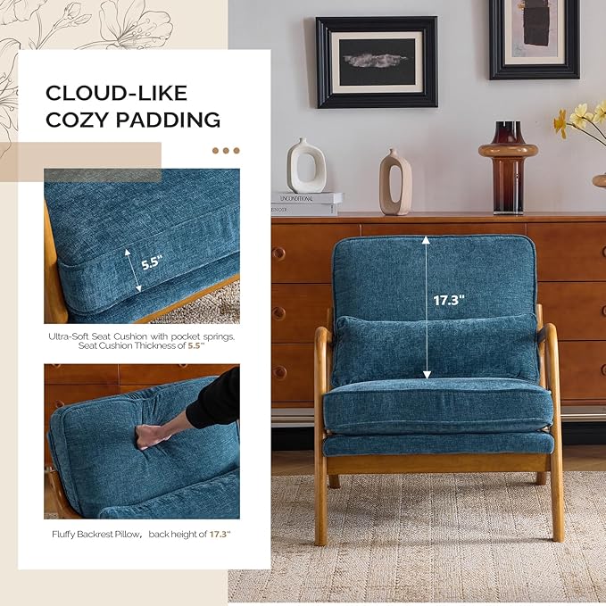 VINGLI Chenille Mid-Century Modern Accent Chair Set of 2 Cute Reading Arm Chair with Cushion &amp Lumbar Pillow &amp Solid Wood Frame for Lounge Living Room Reading Room Bedroom Blue