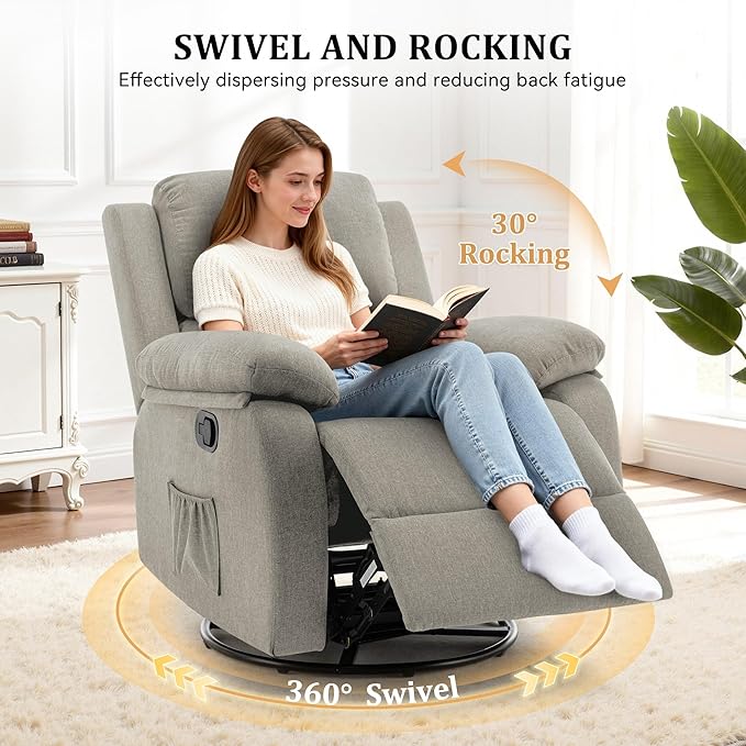 Recliner Chair 360 Swivel Rocker Chair for Adults Small Rocking Recliner for Small Spaces Upholstered Fabric Glider Recliner Nursery (Swivel Rocker Recliner Light Khaki)