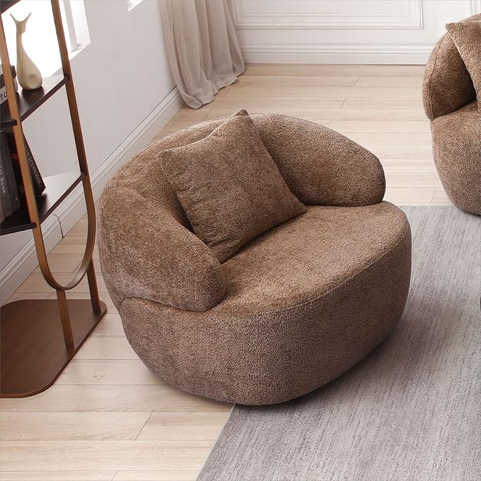 KEVINSPACE Swivel Accent Chair SwivelChairs for Living Room SwivelBarrelChair Round SwivelChair CornerChair Small Modern AccentChair Boucle 360°SwivelChair with PillowChair 35 W Brown