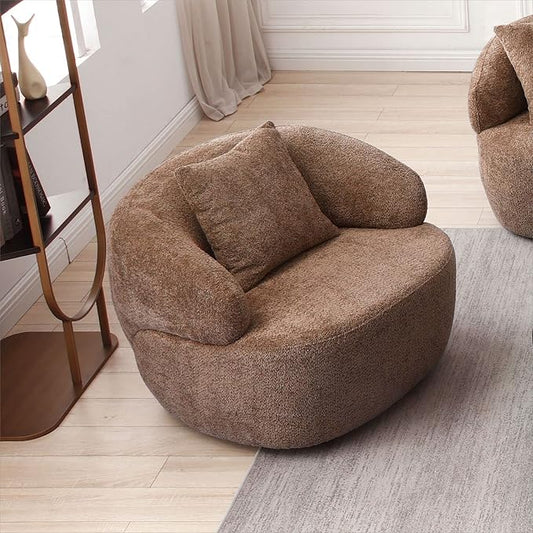 KEVINSPACE Swivel Accent Chair SwivelChairs for Living Room SwivelBarrelChair Round SwivelChair CornerChair Small Modern AccentChair Boucle 360°SwivelChair with PillowChair 35 W Brown