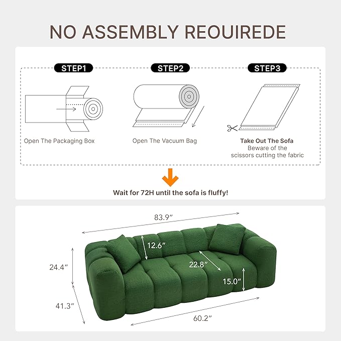 84 Boneless Couch No Assembly Required Loveseat Sofa Modern Deep Seat Cloud Couch Modern Compressed Sofa Oversized Upholstered 3-Seater for Living Room Bedroom
