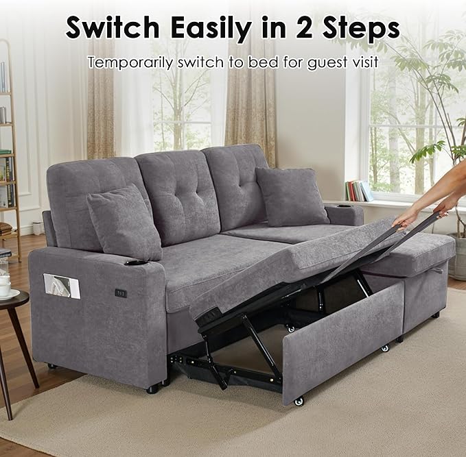 Reversible Sectional Sofa Couch Sleeper Sofa Bed with Storage Chaise Pull Out Couch for Living Room | USB Charge | Cup Holder | Removable Backrest |Teddy Fabric (LightGrey)