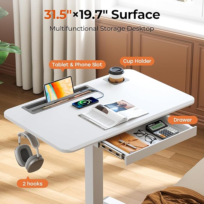 Mobile Standing Desk with Drawer 32 Rolling Desk with Cup Holder and Hooks Portable Laptop Cart on Wheels Height Adjustable Workstation with Storage for Home Office White