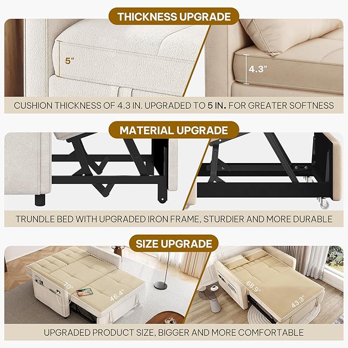 YITAHOME 55 Convertible Sofa Bed 3-in-1 Sleeper Sofa with Pull-Out Bed Cat-Scratch-Proof Futon Couch with 5-Levels Reclining Backrest USB and Side Pocket Modern Loveseat for Living Room Beige