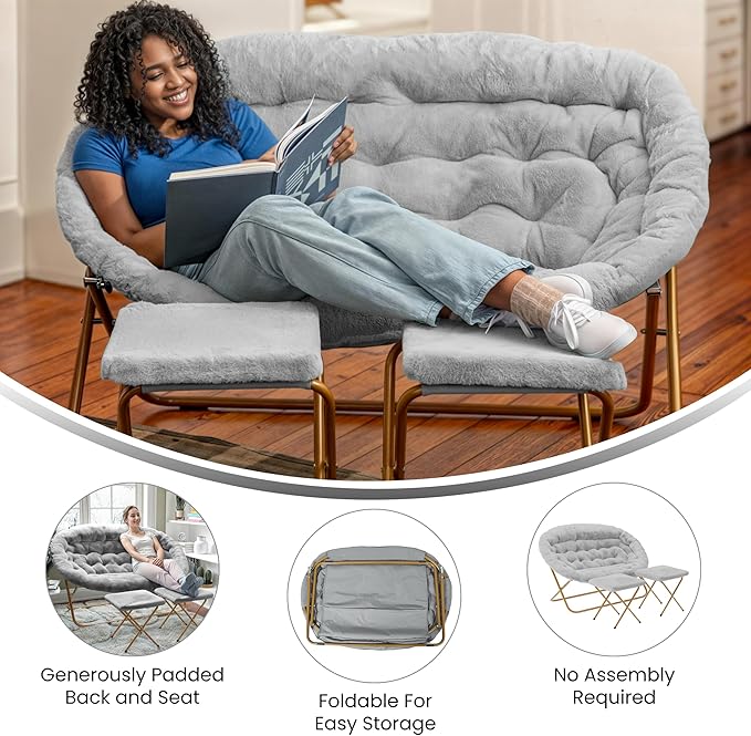 Flash Furniture Eleanor Portable Double Saucer Chair with 2 Ottomans Folding Steel Frames for Dorm or Bedroom 56 Gray Faux Fur/Soft Gold Frame