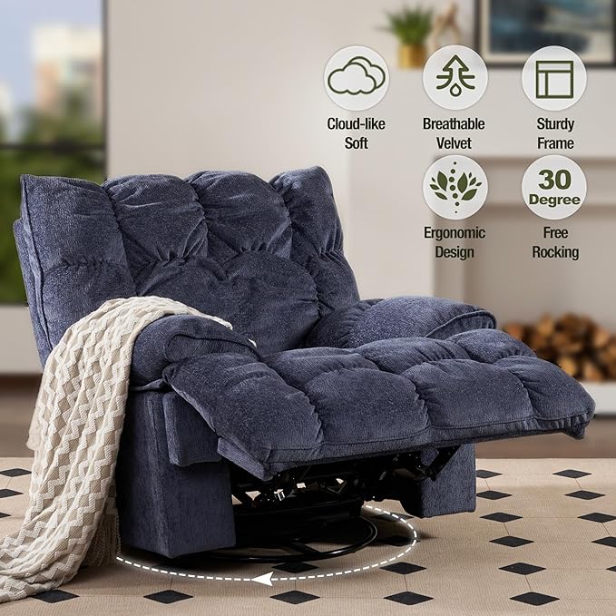 SITJOY Oversized Power Swivel Rocker Recliner Chair Overstuffed Extra Wide Rocking Chair for Big and Tall Glider Recliner Nursery Chair Soft Breathable Fabric in Dark Blue Manual