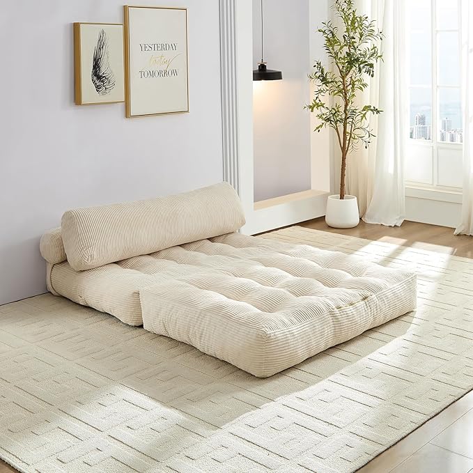 ijuicy 50 W Folding Sofa BedCorduroy Futon Sofa Bed Convertible Sleeper Chair with Pillow Foldable Mattress with Back Support Floor Couch for Adults for Living RoomNo Assembly（Beige/Full）