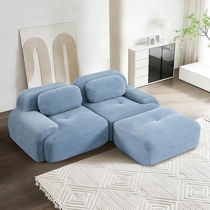 81.8 L Shaped Sectional Cloud Sofa CouchCorduroy Modern Memory Foam Boneless Modular Couches Chaise for Living Room Bedroom(2-Seater&amp1 OttomanBlue)