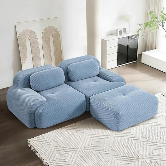 81.8 L Shaped Sectional Cloud Sofa CouchCorduroy Modern Memory Foam Boneless Modular Couches Chaise for Living Room Bedroom(2-Seater&amp1 OttomanBlue)