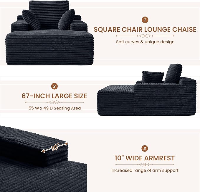 67 Square Chaise Lounge Single Floor SofaOversized Upholstered Boneless Corduroy Couch Deep Seat Sleeper Sofa Bed No Assembly Required Couches for ApartmentBlack