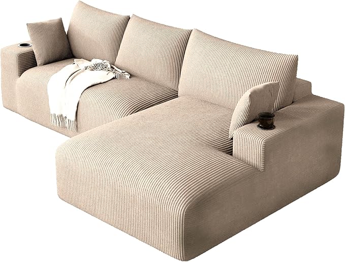 113 Modular Sectional Sofa Cloud Couch Modern Deep Seat Fluffy Corduroy Boneless Couch with Cup Holder Comfy L Shaped Sectional Couches for Living Room Bedroom. (Right Facing Camel)