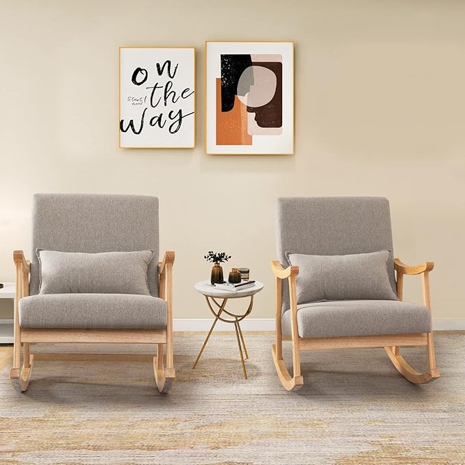Giantex Upholstered Rocking Chair Set of 2 - Modern Rocker with Rubber Wood Frame Comfy Backrest &amp Seat PP Padded Pillow Single Rocking Chair for Living Room Nursery Bedroom Lounge Office