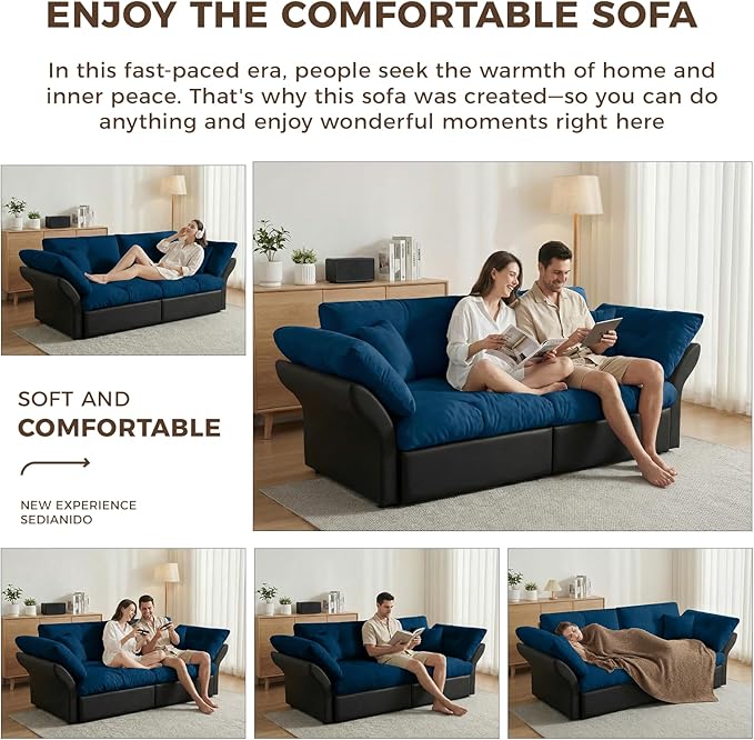 74.8 Queen Pull Out Couch BedVelvet Convertible Pull-Out Sofa Bed with Side Pockets3-in-1 Queen-Size Sleeper SofaSleeper Loveseat for Living RoomApartment Offices (Blue)