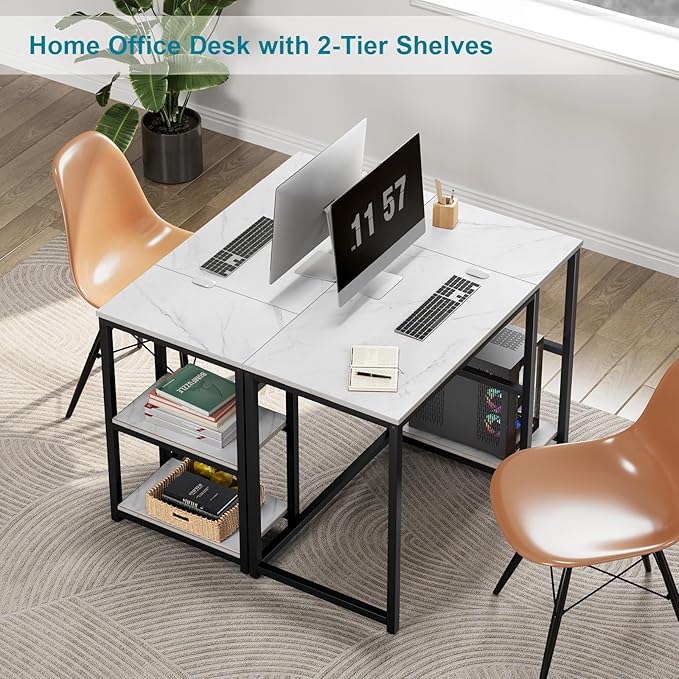 SINPAID Computer Desk 40 inches with 2-Tier Shelves Sturdy Home Office Desks with Large Storage Space Modern Gaming Desk Study Writing Laptop Table Black Marbling (White Marble 40 inch)