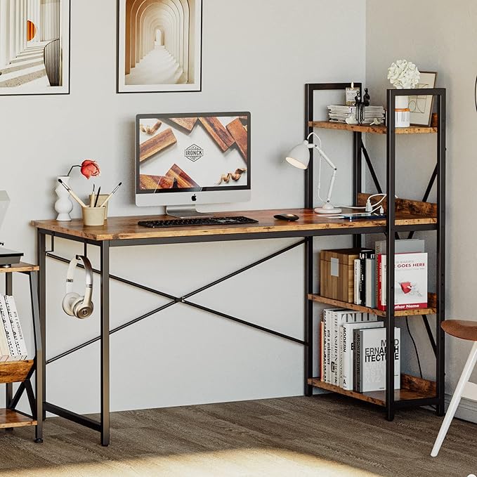 IRONCK Computer Desk 47 with Power Outlet and Storage Shelves Study Writing Table with USB Ports Charging Station PC Desk Workstation for Home Office Rustic Brown